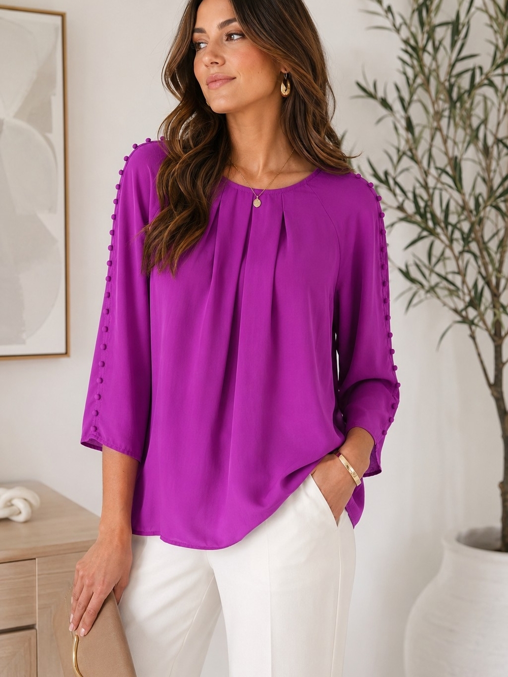 ANTONIO MELANI Violet Button-Trim Pleated Blouse